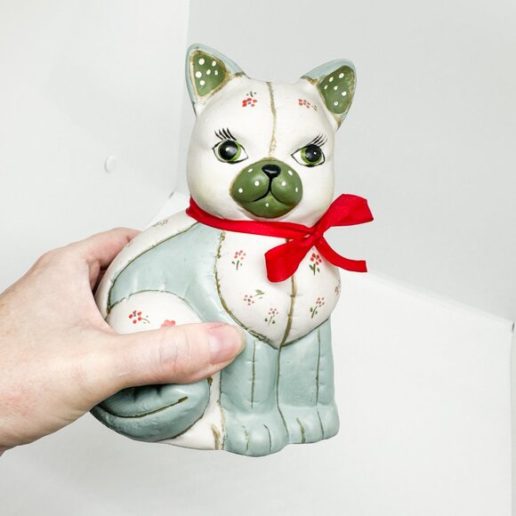 Vintage 80s Lefton Ceramic Cat Kitten Quilt Quilted Patchwork Cottagecore Teddy - Picture 2 of 8